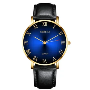 Detail of Geneva quartz watch featuring blue sunray dial and gold Roman numerals