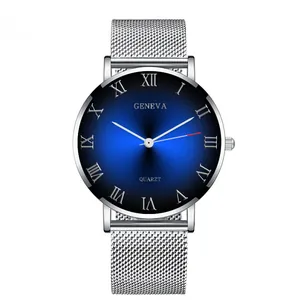 Macro detail of the silver mesh strap and blue gradient dial on this quartz men watch