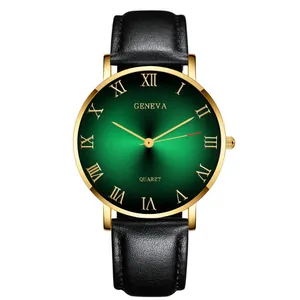 Close-up of golden watch case with green sunburst gradient dial and Roman numerals