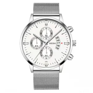 Montre à quartz pour hommes avec bracelet en maille argentée et cadran blanc multifonction