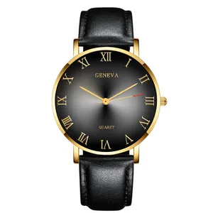 Close-up of Geneva men's quartz watch with gold roman numerals and black leather strap