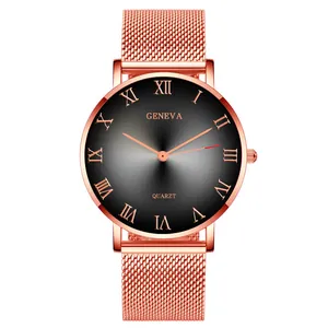 Macro detail of rose gold mesh strap and gradient watch dial with Roman numerals