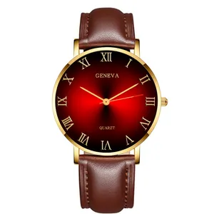Detail of classic men's watch with red gradient dial, Roman numerals, and brown leather strap