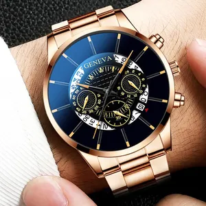Gros plan d'une montre Geneva or rose avec roue de date et cadran sur le poignet