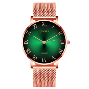 Detail of Geneva women's quartz watch with green sunray dial and rose gold mesh strap