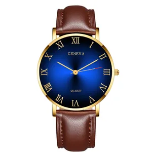 Macro shot of sunray blue dial with Roman numerals and gold case on leather watch