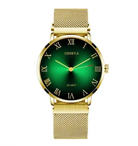 Detailed close-up of Geneva men's quartz watch with green sunray dial and gold Roman numerals