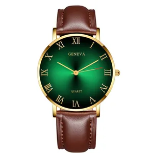 Detail view of emerald green sunray dial with golden Roman numerals and brown leather strap