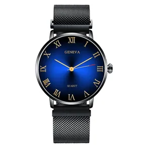 Close-up of blue sunray dial with gold Roman numerals and black Milanese steel strap