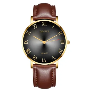 Close-up of Geneva men's quartz watch with brown leather strap and Roman numerals dial