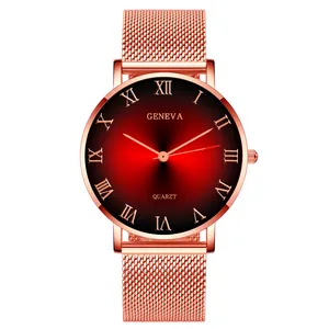 Detail of red-black gradient dial with Roman numerals and Milanese mesh metal watch band