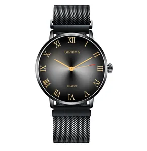 Close-up of Geneva men's quartz watch with black Milanese strap and Roman numerals