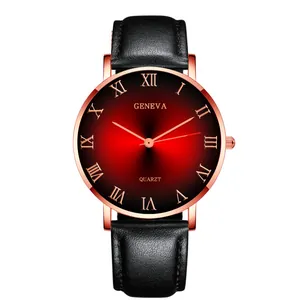 Detail of red gradient dial with Roman numerals and rose gold case on leather strap
