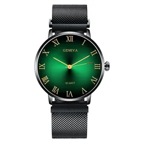 Close-up of green gradient dial with Roman numerals and black Milanese mesh watch strap
