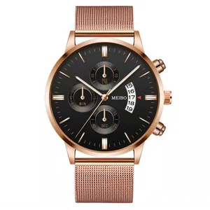 Montre chronographe homme or rose avec cadran noir et bracelet maille milanaise