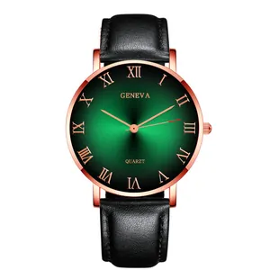 Detail of green sunray gradient dial with rose gold Roman numerals and black leather strap