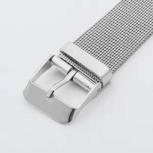Detailed close-up of the silver mesh steel watch strap with its classic buckle clasp
