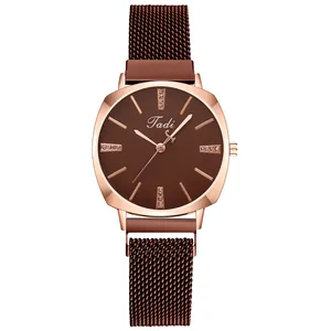 Women's quartz watch with brown sunray dial and magnetic Milanese mesh band in rose gold case