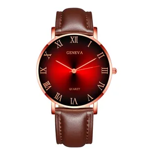 Detail of Geneva quartz watch with gradient red dial and brown leather strap