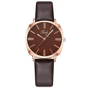 Elegant women's quartz watch with brown leather strap and rose gold rectangular case