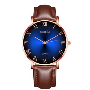 Detail of Geneva quartz watch with brown leather strap and blue sunray dial texture