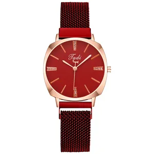 Elegant women's quartz watch with deep red dial and rose gold Milanese mesh band