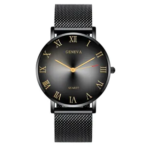 Classic black quartz watch with gold Roman numerals and black Milanese mesh strap