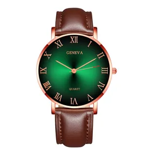 Close-up of Geneva men's watch with rose gold case and green sunray dial on leather strap