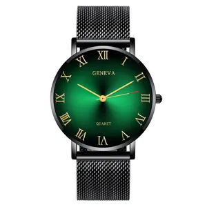 Detailed macro view of a green sunburst dial with Roman numerals and black mesh watch band