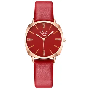 Elegant ladies quartz watch with red leather strap and rose gold rhinestone dial