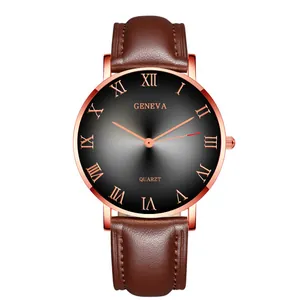 Close-up of rose gold Roman numerals and textured brown leather strap on quartz watch