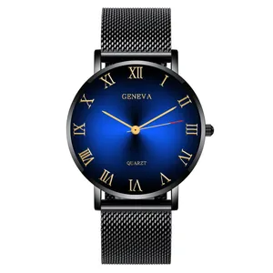 Close-up of Geneva quartz watch featuring blue sunray dial and black mesh band