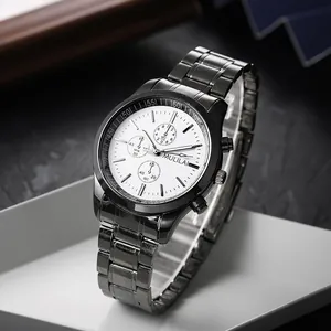 Men's chronograph watch with black stainless steel band and white dial on a display stand