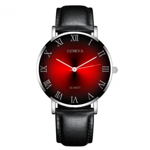 Macro shot of men's silver quartz watch with red gradient dial and Roman numerals