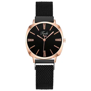 Elegant rose gold women's quartz watch with black matte dial and Milanese mesh band