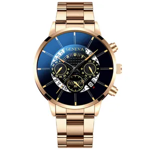 Montre business or rose avec cadran dégradé bleu-noir et calendrier sur bracelet acier