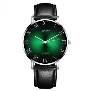 Macro view of Geneva business watch featuring green sunburst dial and black leather strap