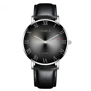 Close-up of Geneva men's quartz watch showing black sunray dial and silver Roman numerals