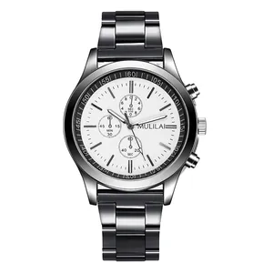 Mens chronograph watch with white dial, stainless steel band and triple sub-dials