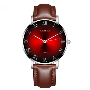 Detail of Geneva quartz watch featuring a brown leather strap and red sunburst dial face