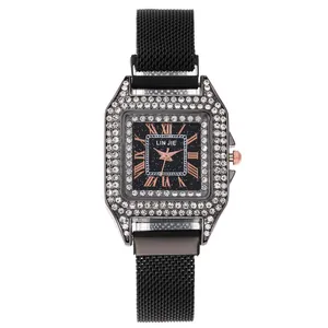 Montre à Quartz Carrée Mode pour Femme avec Strass Cadran Ciel Étoilé Bracelet en Maille Milanaise Élégante