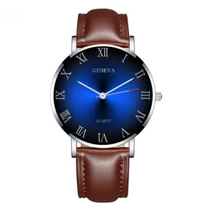 Detail of navy sunray dial with Roman numerals and brown leather strap on quartz watch
