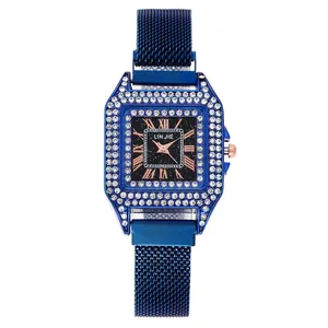 Montre à quartz carrée bleue pour femme avec lunette en cristal et cadran étoilé noir