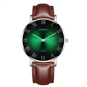 Detailed macro view of the sunray green dial with silver case and roman numerals