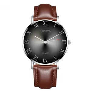 Detail of Roman numeral dial and sunburst texture on a brown leather quartz watch