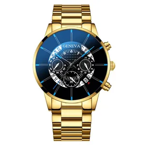 Gros plan détaillé du cadran doré avec logo Geneva et calendrier bleu de la montre