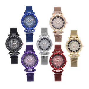 Women's quartz watches set with floral rhinestone dial and magnetic mesh bands in seven colors