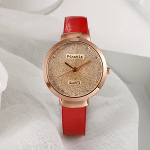 Montre à Quartz pour Femme avec Cadran Pailleté Strass Boîtier en Alliage Or Rose Bracelet en Cuir Mince Montre Analogique