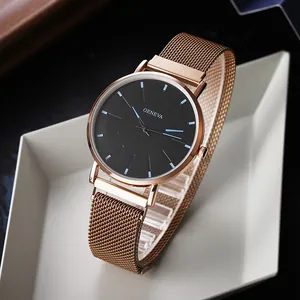 Montre Geneva tendance en maille rose doré avec cadran rond noir minimaliste élégant