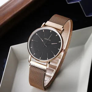 Montre Geneva avec cadran noir et bracelet en acier inoxydable à maille milanaise rose